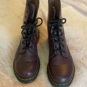 Dr. Martens 1460 Eggplant Leather Combat Boots with Yellow Stitching